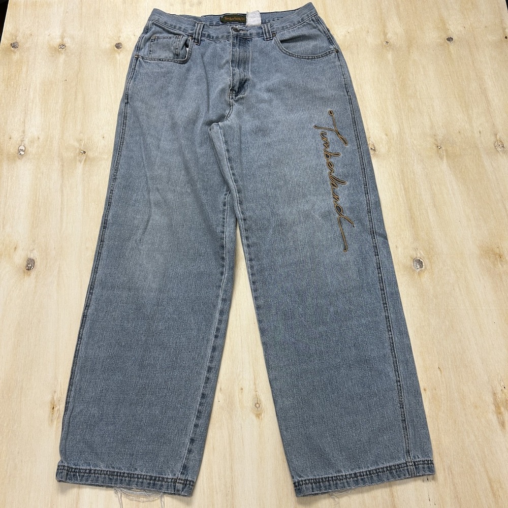 Y2K Timberland Jeans Mens Light Wash‎ Blue Denim Baggy Wide Leg Logo Fits 34x30